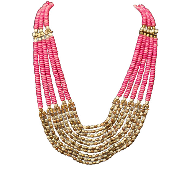 Gold Tone and Pink Beaded Collar Necklace - Picture 1 of 2